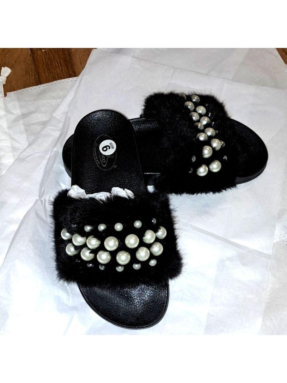 Bolaro slide on Sandals. New size 6. Furry with pearl's. Super cute and comfy.